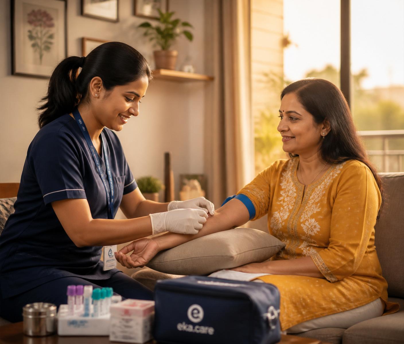 Certified Dr PathLabs phlebotomist collecting a sample at a patient's home